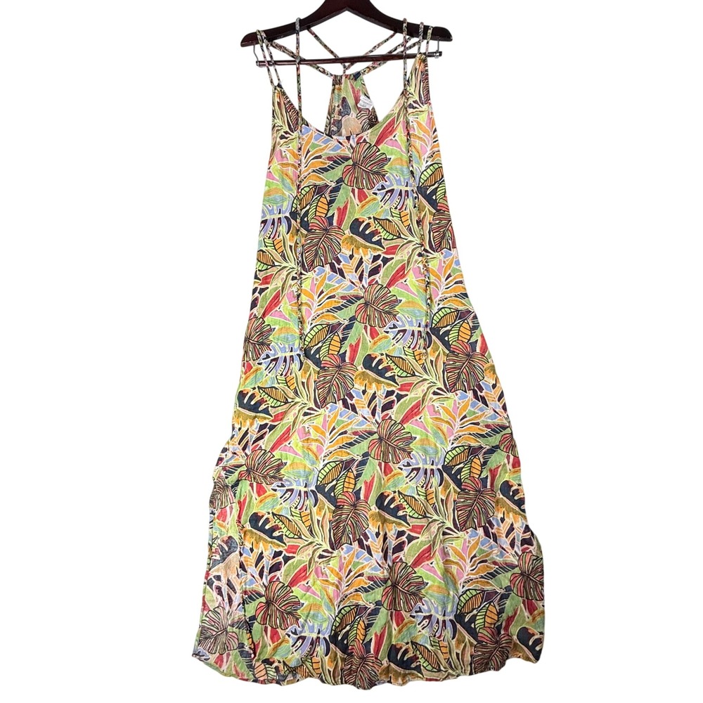 C&C California Maxi Dress Womens XL Linen Blend Tropical Leaf Boho Summer Resort